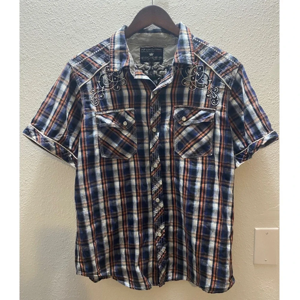 POP ICON CLOTHING Men Plaid Short Sleeve Shirt Western Pearl Snap Size M